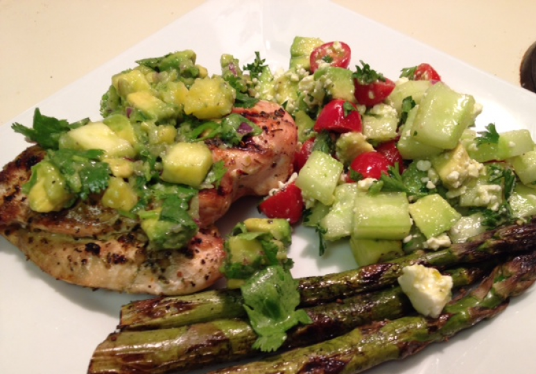 Grilled Chicken with Pineapple Avocado Salsa and Cucumber Avocado Salad